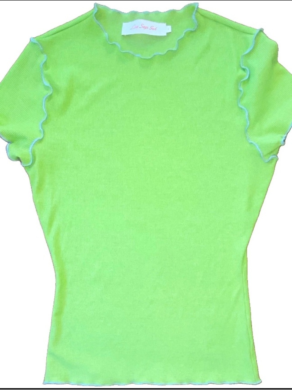 Lisa Says Gah Bright Green Ribbed Knit Ruffle Round Neck